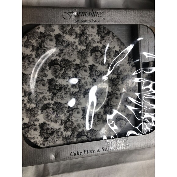Formalities by Baum Bros Cake Plate & Server, White & Black Rose Print Gold Rim - Picture 8 of 9